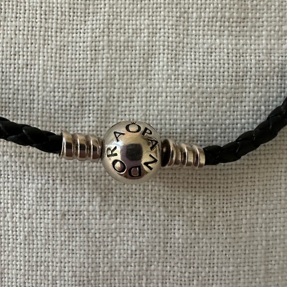 Pandora braided cord black leather choker with silver ball clasp. 7” diameter - Picture 2 of 3